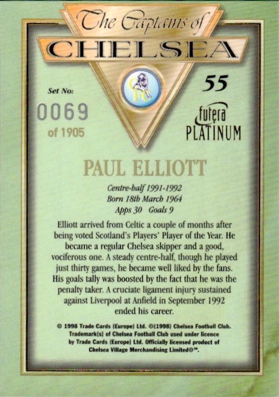 1998 Futera Platinum The Captains of Chelsea 69/1905 Paul Elliott #55 
