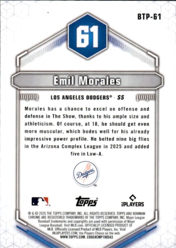 2026 Bowman Emil Morales #BTP-61 Scouts Top 100 Chrome Los Angeles Dodgers'
