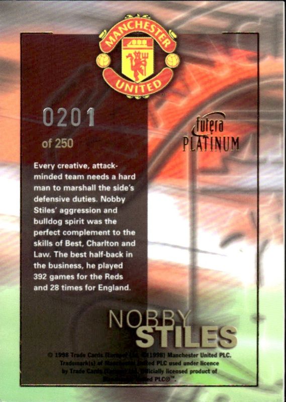 1998 Futera Redemption card Nobby Stiles Manchester United Football Autograph on card #201/250