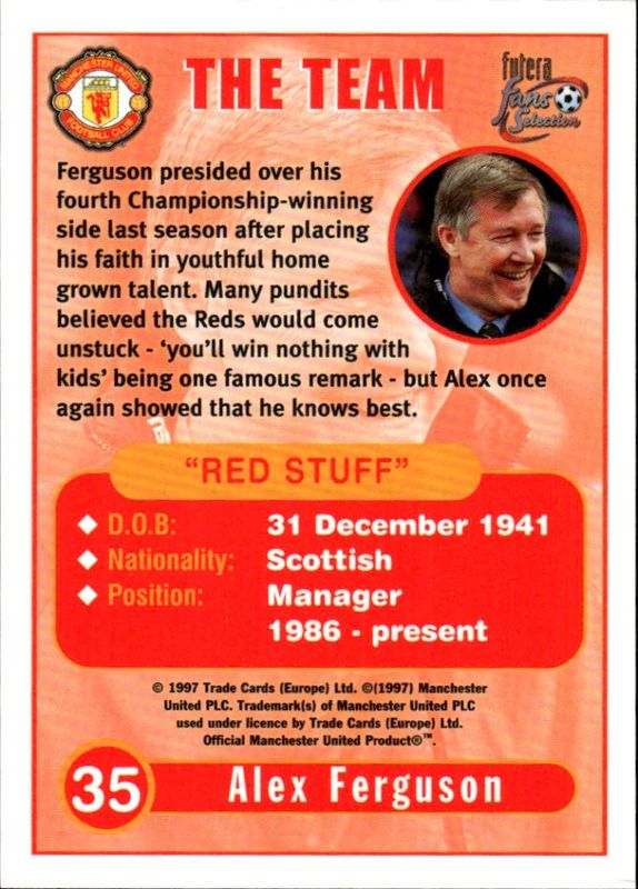 1997 Futera Fans Selection Manchester United The Team Sir Alex Ferguson #35
