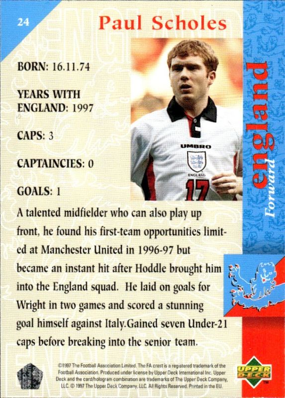 Paul Scholes England Rookie 1998 World Cup Upper Deck Card