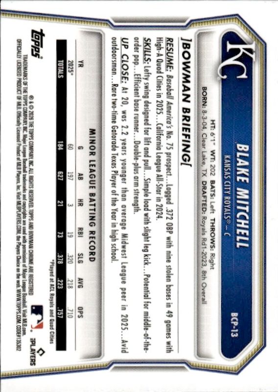 2026 Bowman Baseball Chrome Wave Refractor BCP-13 Blake Mitchell #057/350