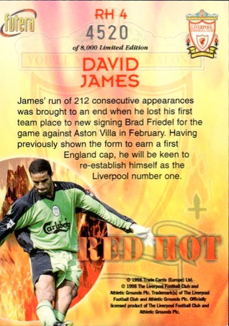 Main Image David James Red Hot LIVERPOOL 98 RH4 #4520/8000