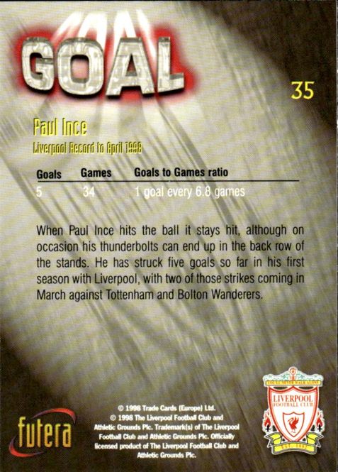 Main Image 1998 Futera Liverpool Goal Paul Ince #35