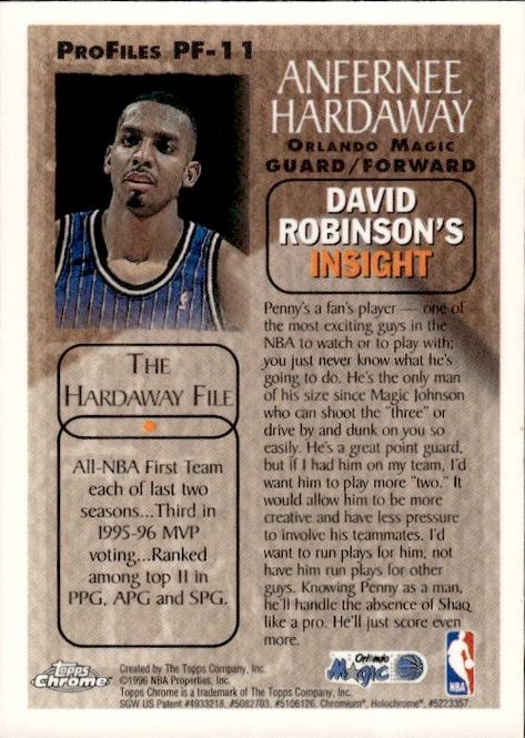 Main Image 1996 Topps Chrome Pro Files ANFERNEE HARDAWAY ...