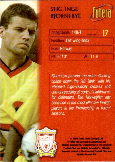 Hovedbilde 1998 Futera Liverpool Stig Inge-Bjornebye #17 