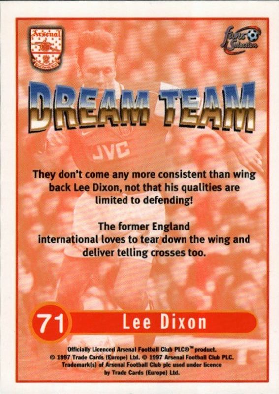 LEE DIXON Signed ARSENAL 1997-98 Futera Fans Selection DREAM TEAM Card #71