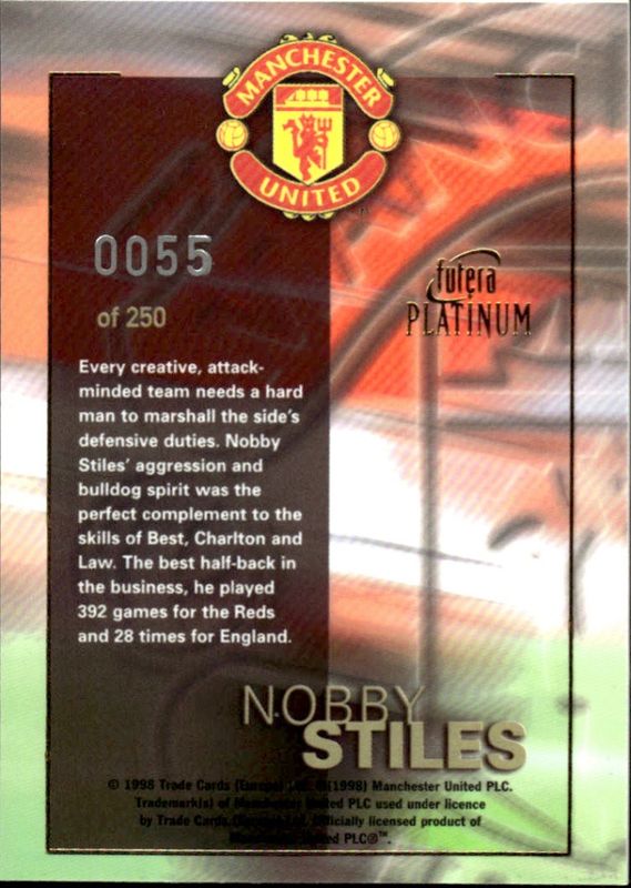 1998 Futera Redemption card Nobby Stiles Manchester United Football Autograph on card #55/250