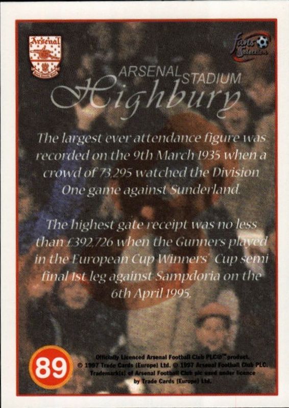 Futera 1997 Arsenal Fans Selection Player / Stadium Montage cards 82-90
