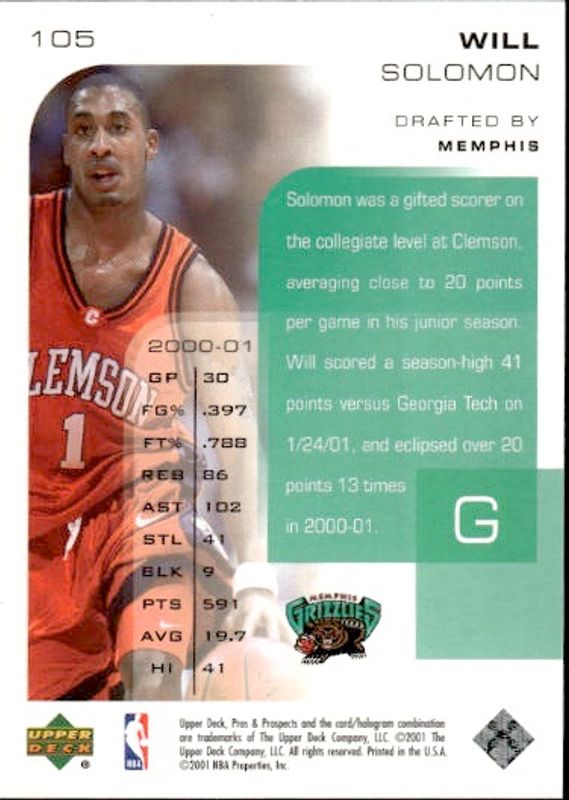 2001-02 Upper Deck Pros & Prospects Will Solomon RC 0919/1000 Memphis Grizzlies