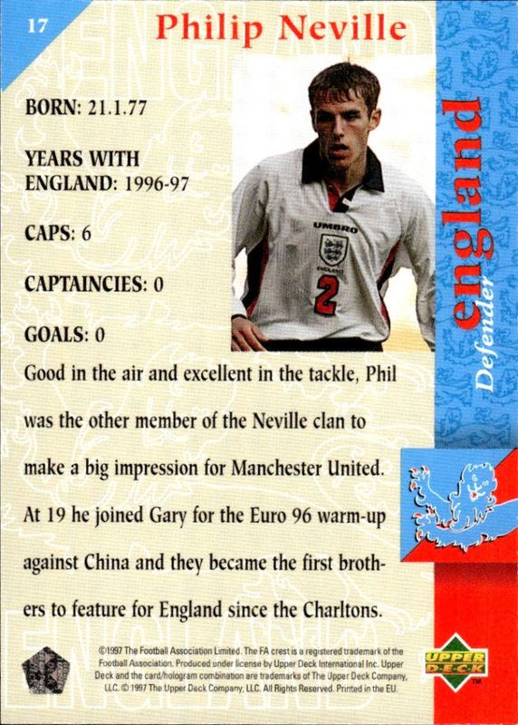 1997-98 Upper Deck England the squad Phil Neville #17
