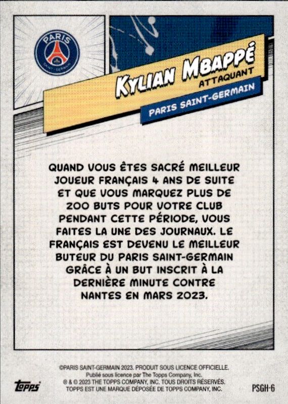 2023 Topps PSG Fan Set Heroes #PSGH6 Kylian Mbappe 
