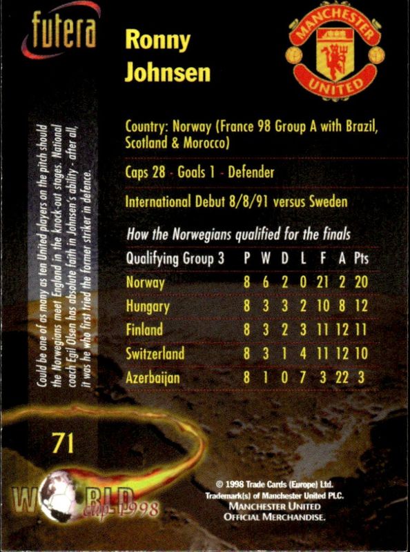 1998 Futera Manchester United World Cup 1998 Ronny Johnsen #71 