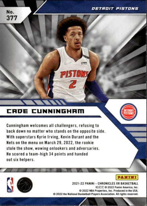 Main Image 2021-22 Panini Chronicles #377 Cade Cunningham RC ...