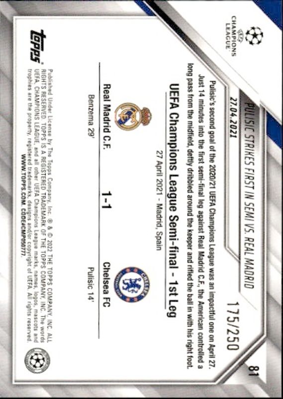 2021-22 Topps UEFA UCL Yellow Foil Chelsea Title Winners #175/250 Christian Pulisic