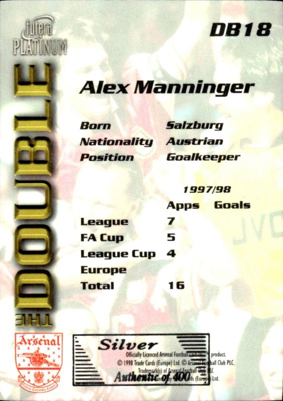 1998 Futera Platinum Arsenal The Double SILVER GILDED EDGES  Alex Manninger #DB18