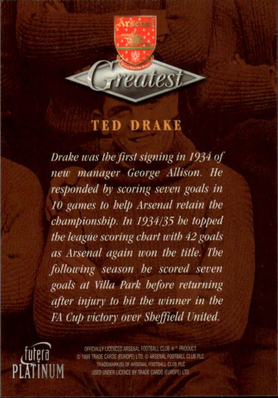 Futera Arsenal Greatest Platinum 1999 - TED DRAKE