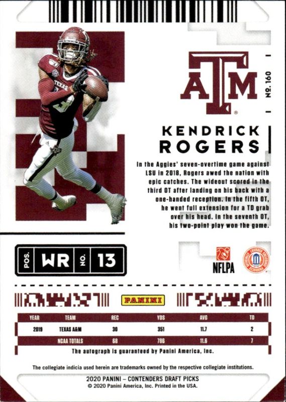 2020 Contenders Draft Picks College Bowl Ticket 96/99 Kendrick Rogers Auto