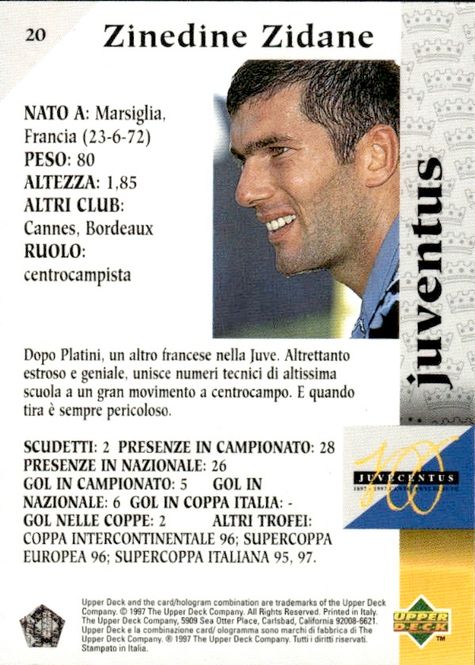Hovedbilde 1997 UPPER DECK JUVENTUS #20 ZINEDINE ZIDANE 100 ...